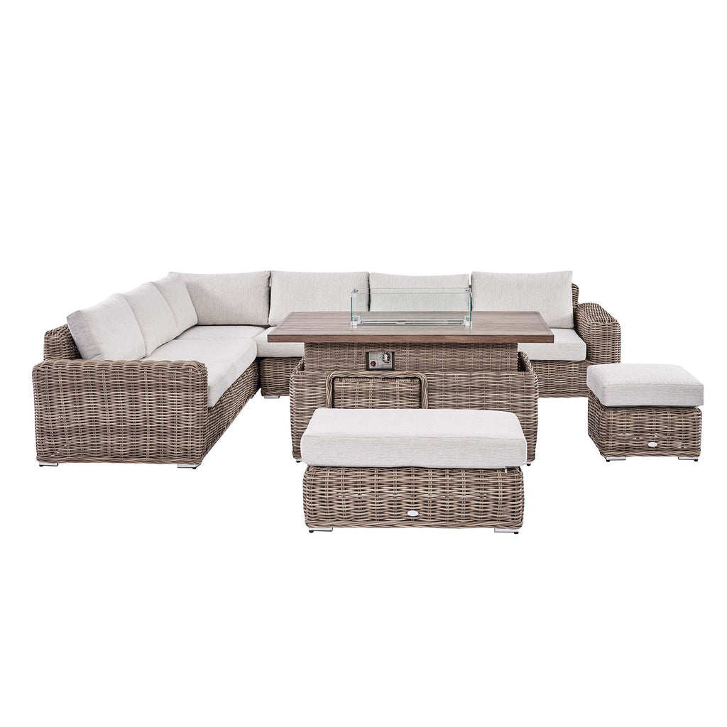 Bellagio Round Wicker Large Corner Casual Dining Set with Rising Firepit Table, Natural