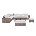 Bellagio Round Wicker Large Corner Casual Dining Set with Rising Firepit Table, Natural