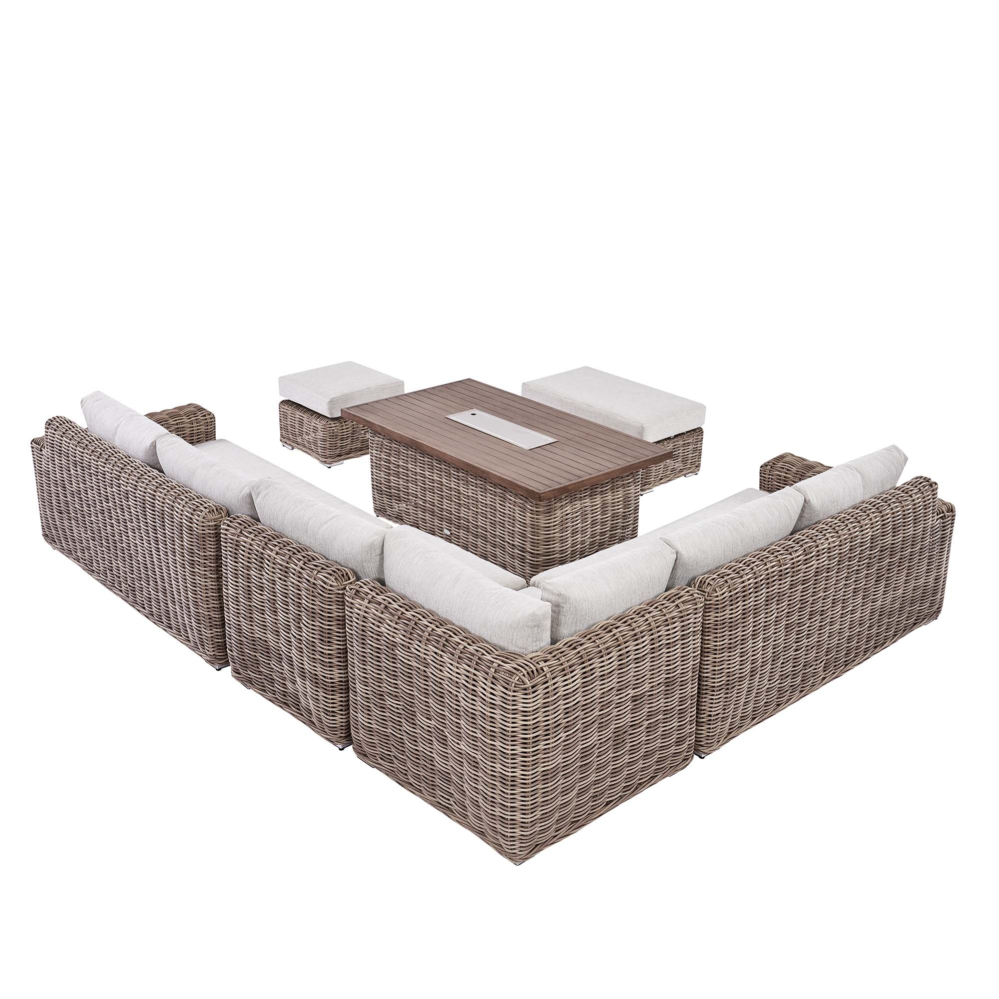 Bellagio Round Wicker Large Corner Casual Dining Set with Rising Firepit Table, Natural