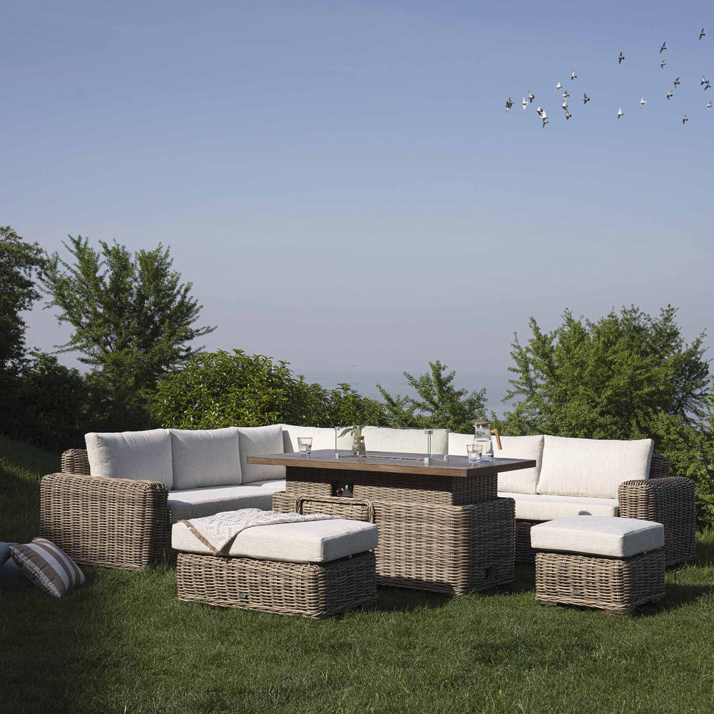 Bellagio Round Wicker Large Corner Casual Dining Set with Rising Firepit Table, Natural