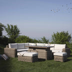 Bellagio Round Wicker Large Corner Casual Dining Set with Rising Firepit Table, Natural