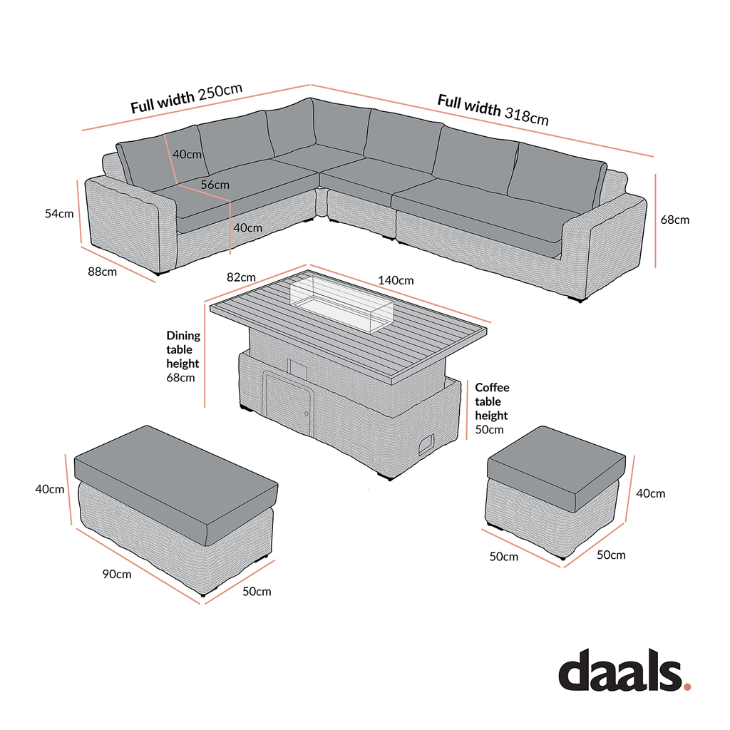 Bellagio Round Wicker Large Corner Casual Dining Set with Rising Firepit Table, Dark Grey