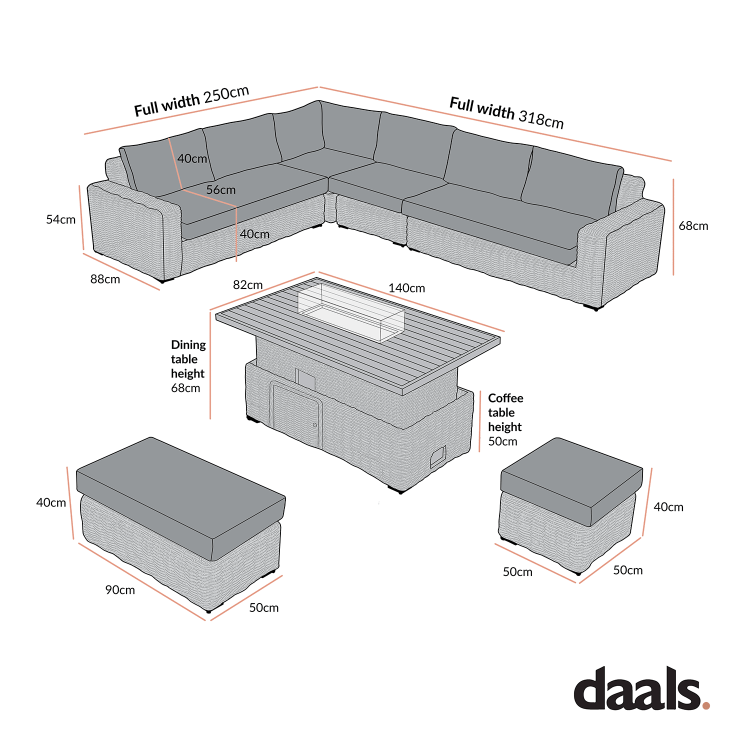 Bellagio Round Wicker Large Corner Casual Dining Set with Rising Firepit Table, Light Grey
