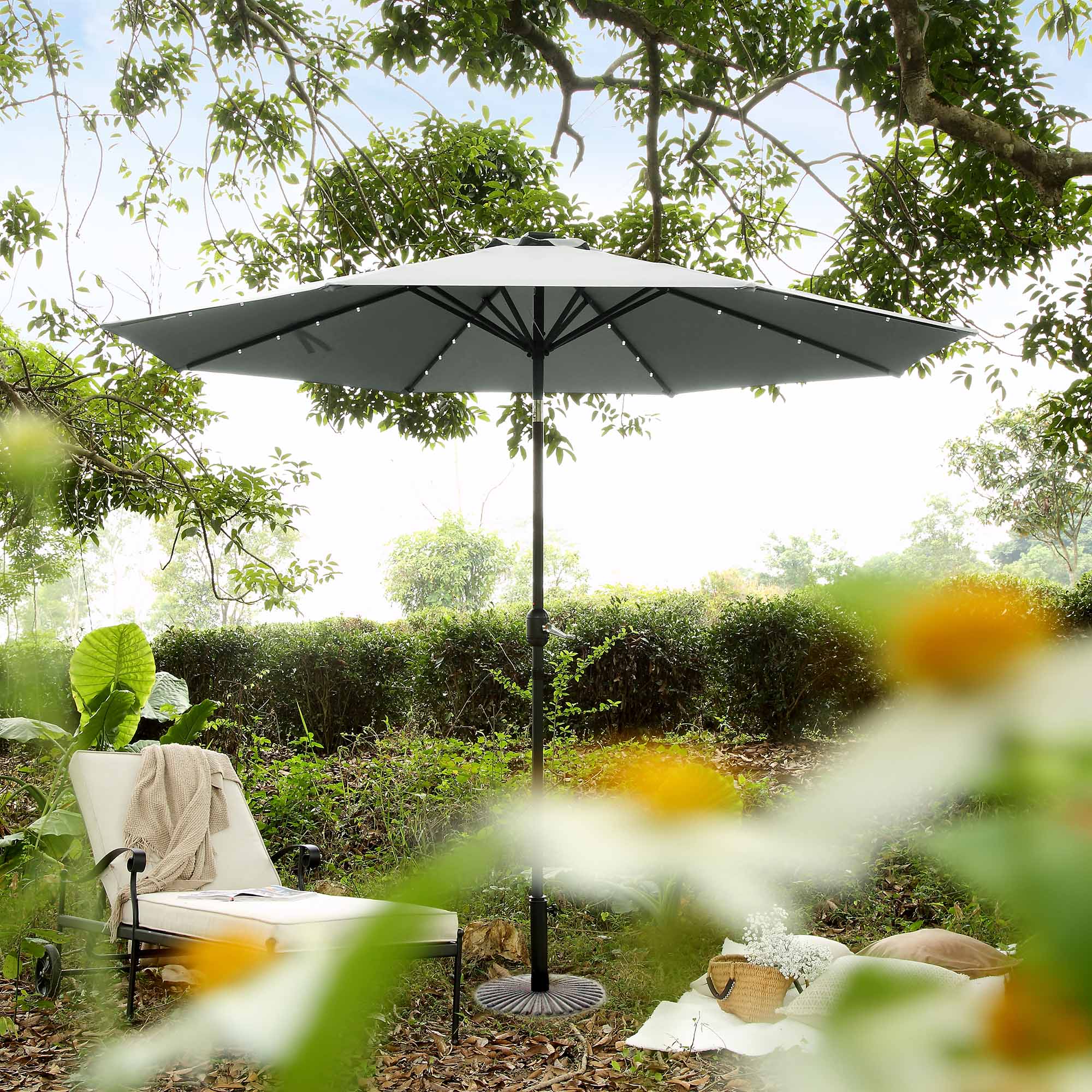 3M LED Light Aluminium Frame Garden Parasol with Tilt Crank , Grey