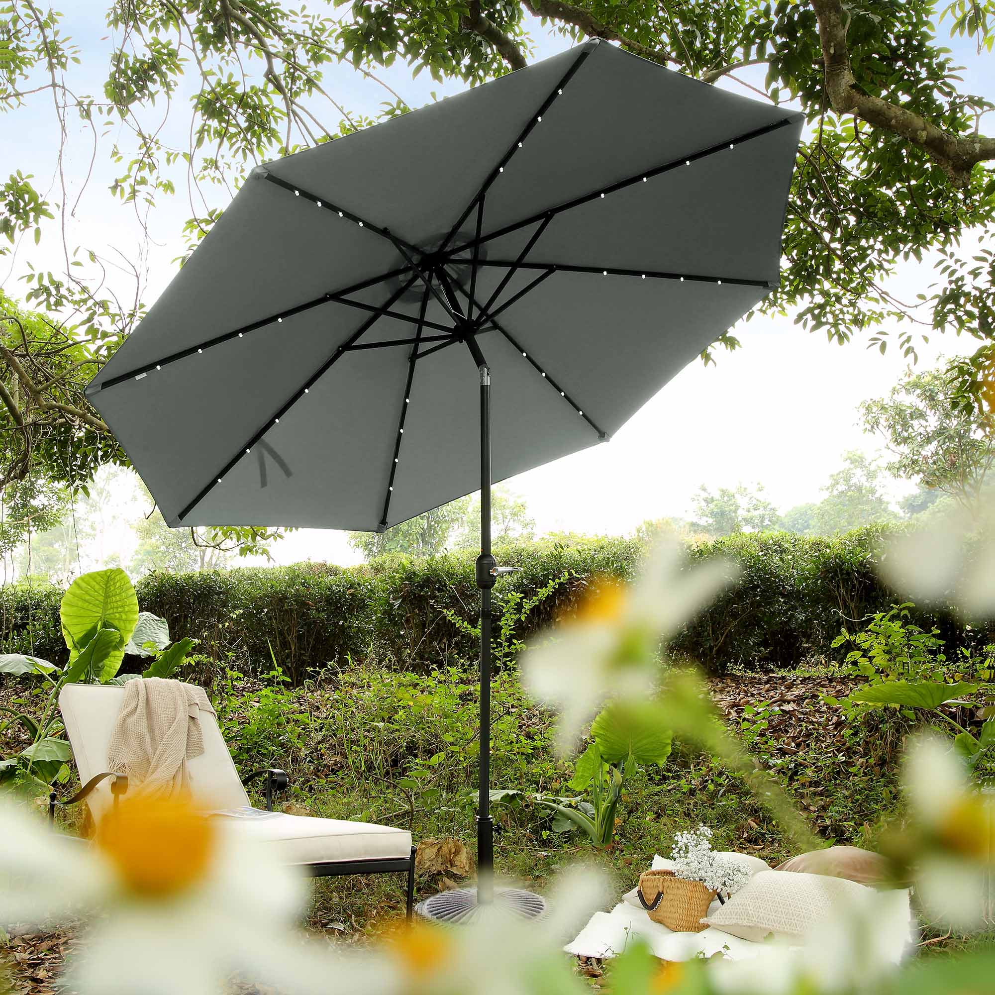 3M LED Light Aluminium Frame Garden Parasol with Tilt Crank , Grey