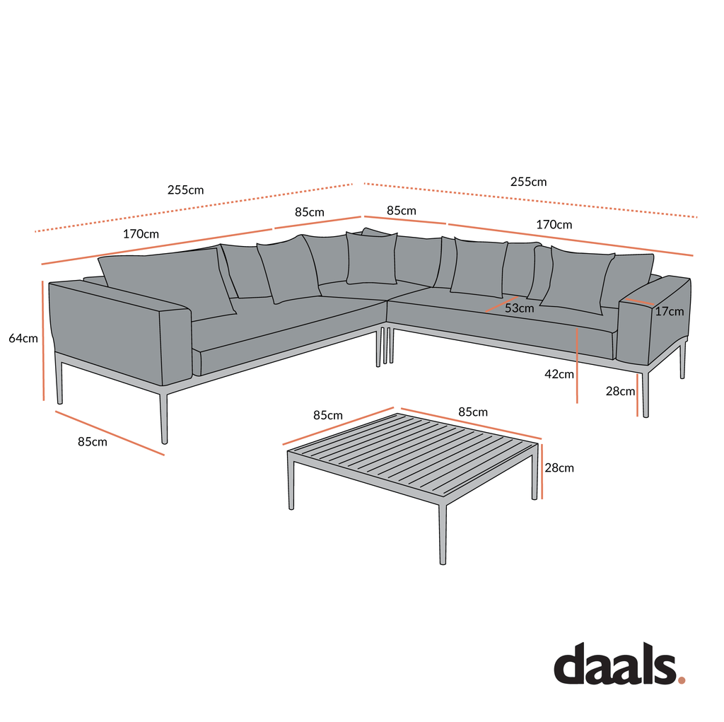 Calabasas Large Outdoor Fabric Aluminium Frame Corner Sofa Set with Coffee Table, Light Grey