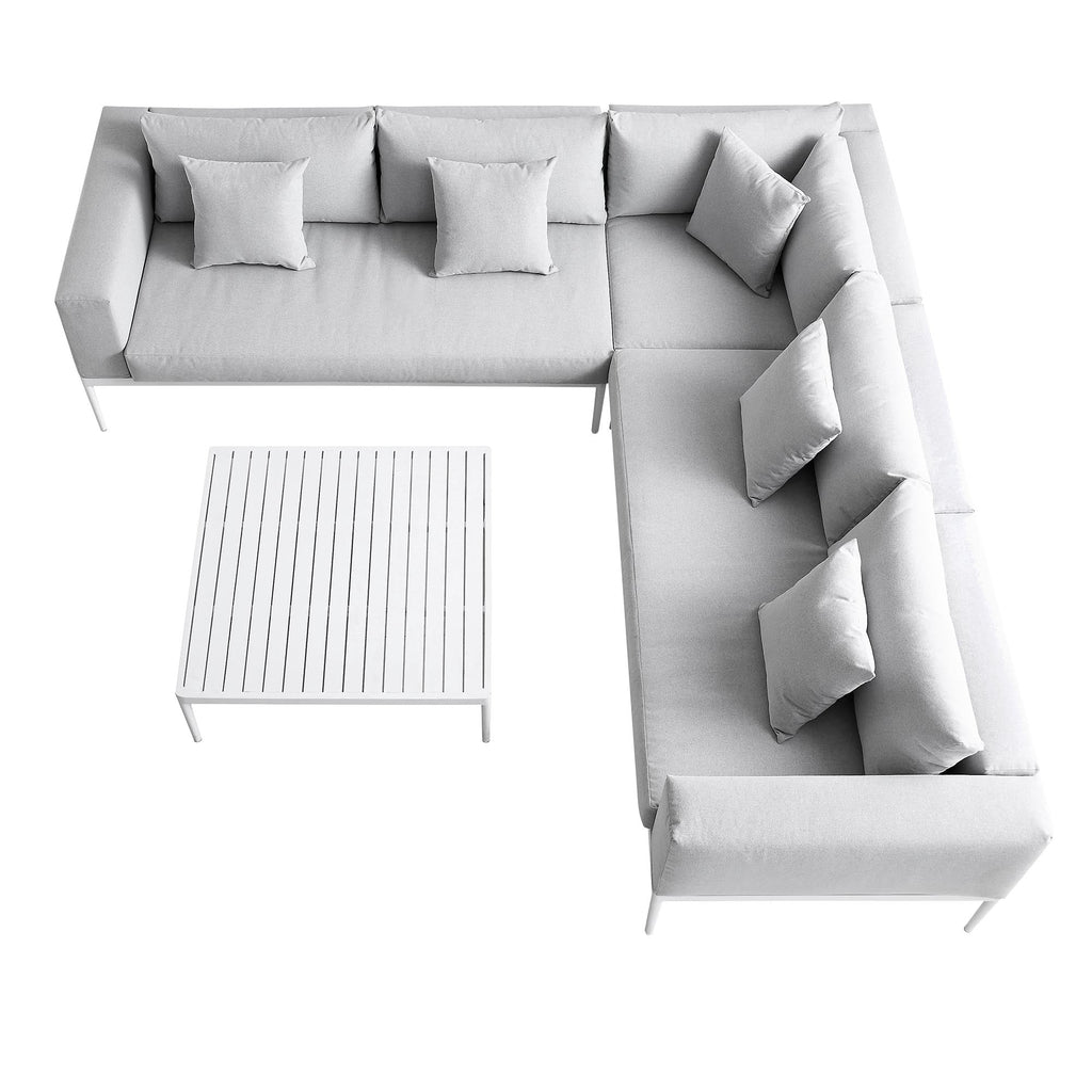 Calabasas Large Outdoor Fabric Aluminium Frame Corner Sofa Set with Coffee Table, Light Grey