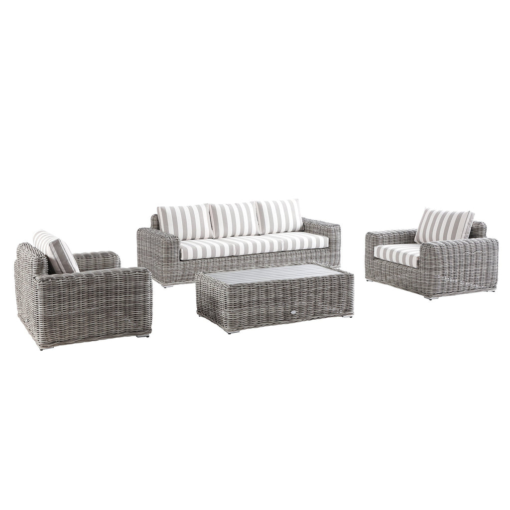 Bellagio Round Wicker Sofa Set with Coffee Table, Light Grey with Taupe Stripes