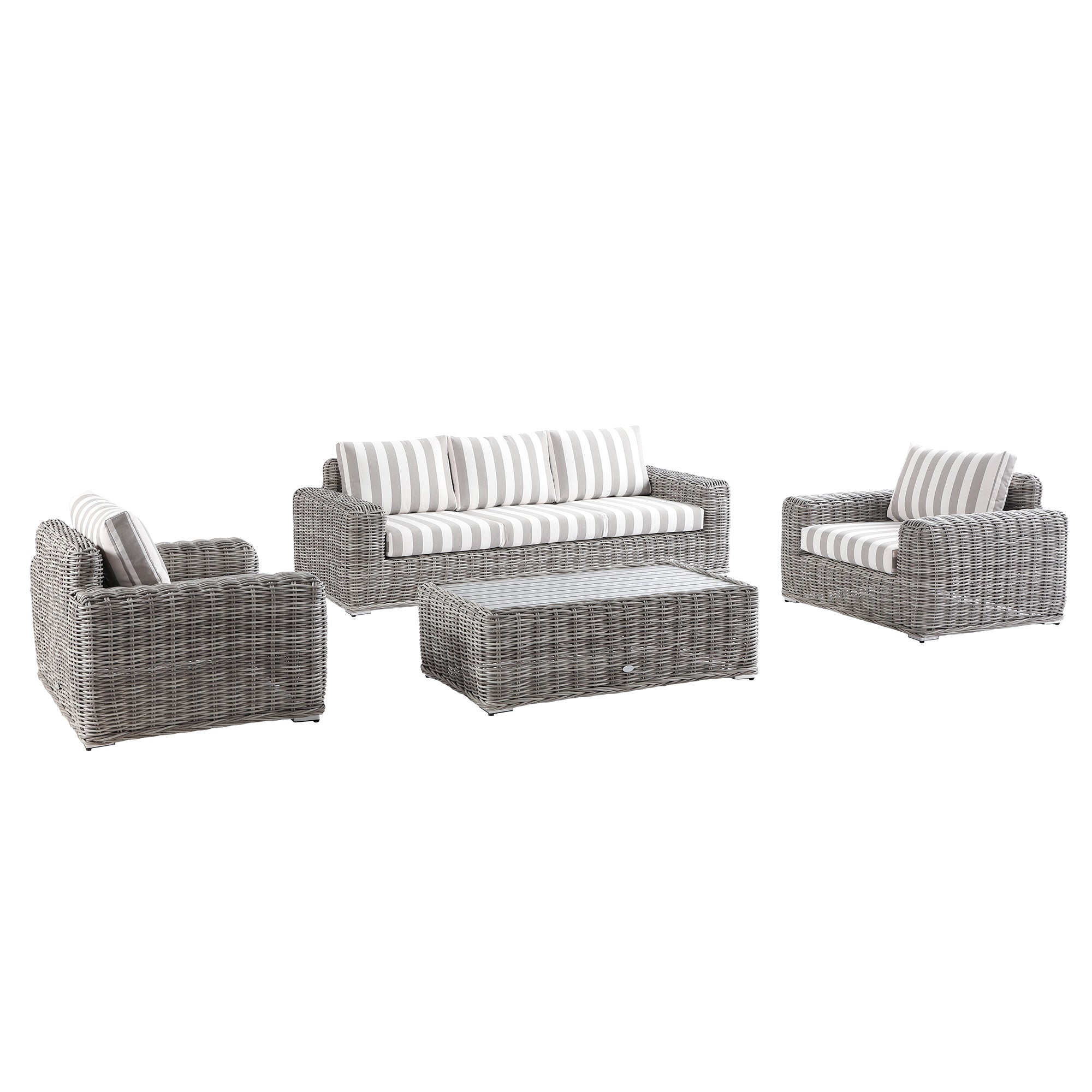 Bellagio Round Wicker Sofa Set with Coffee Table, Light Grey with Taupe Stripes
