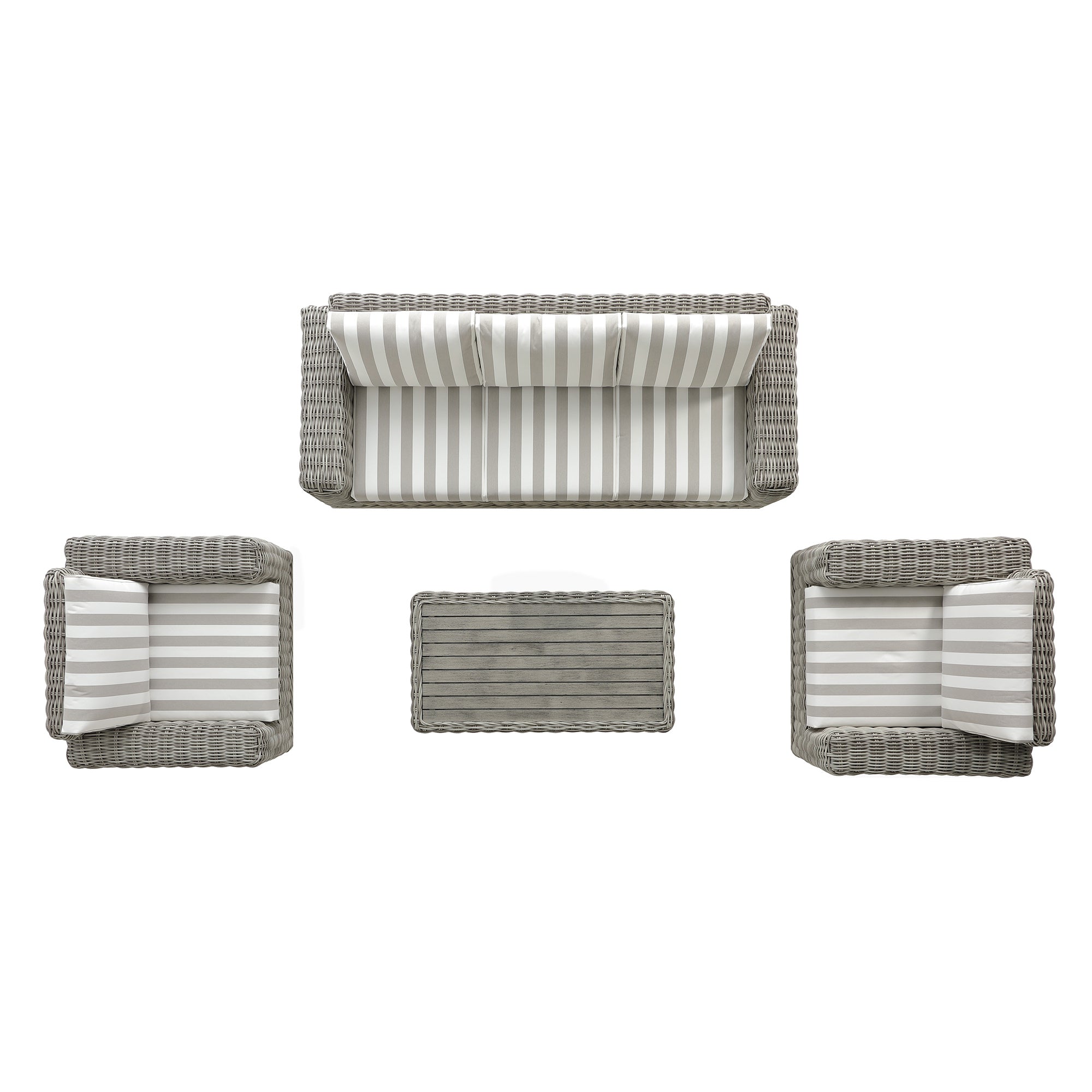 Bellagio Round Wicker Sofa Set with Coffee Table, Light Grey with Taupe Stripes