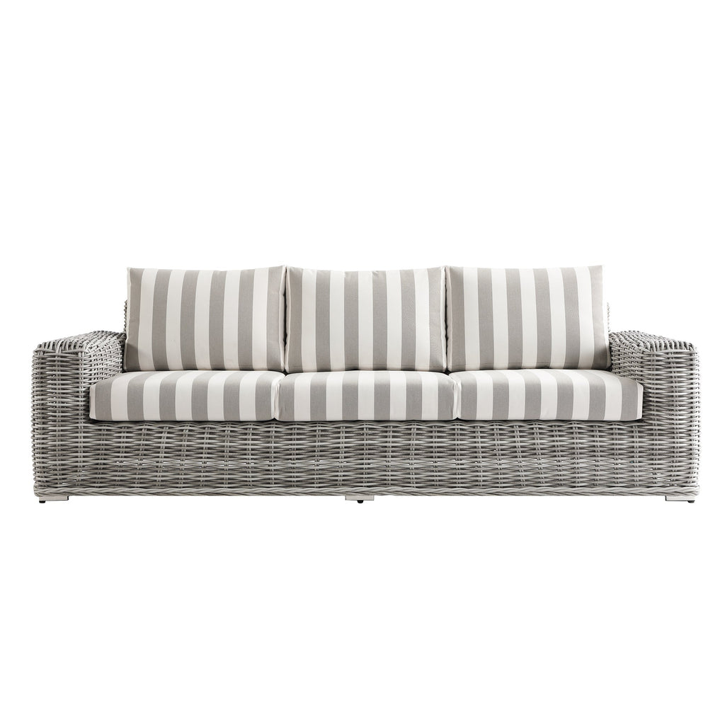 Bellagio Round Wicker Sofa Set with Coffee Table, Light Grey with Taupe Stripes