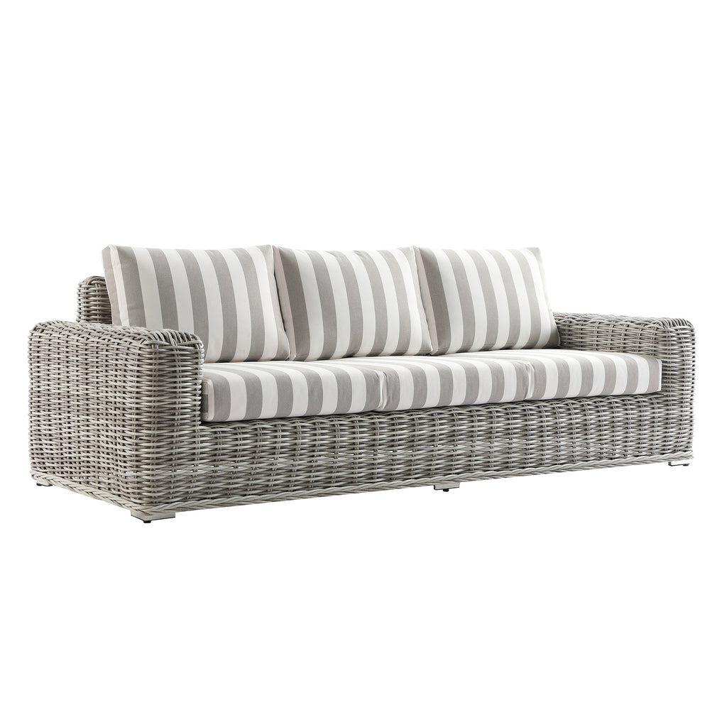 Bellagio Round Wicker Sofa Set with Coffee Table, Light Grey with Taupe Stripes