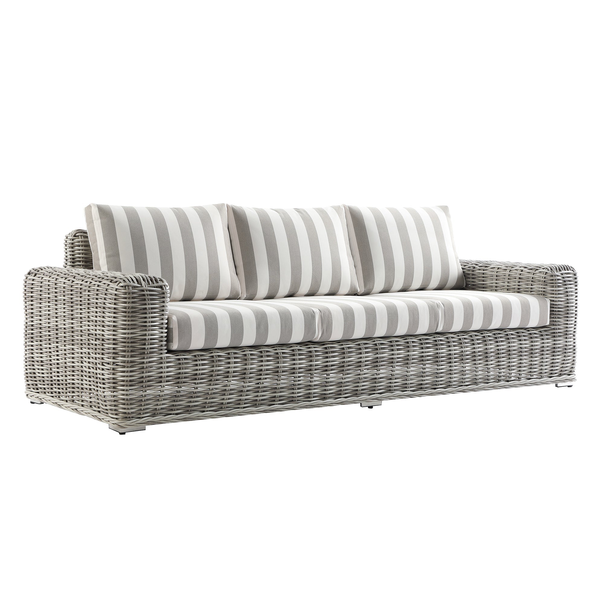 Bellagio Round Wicker Sofa Set with Coffee Table, Light Grey with Taupe Stripes