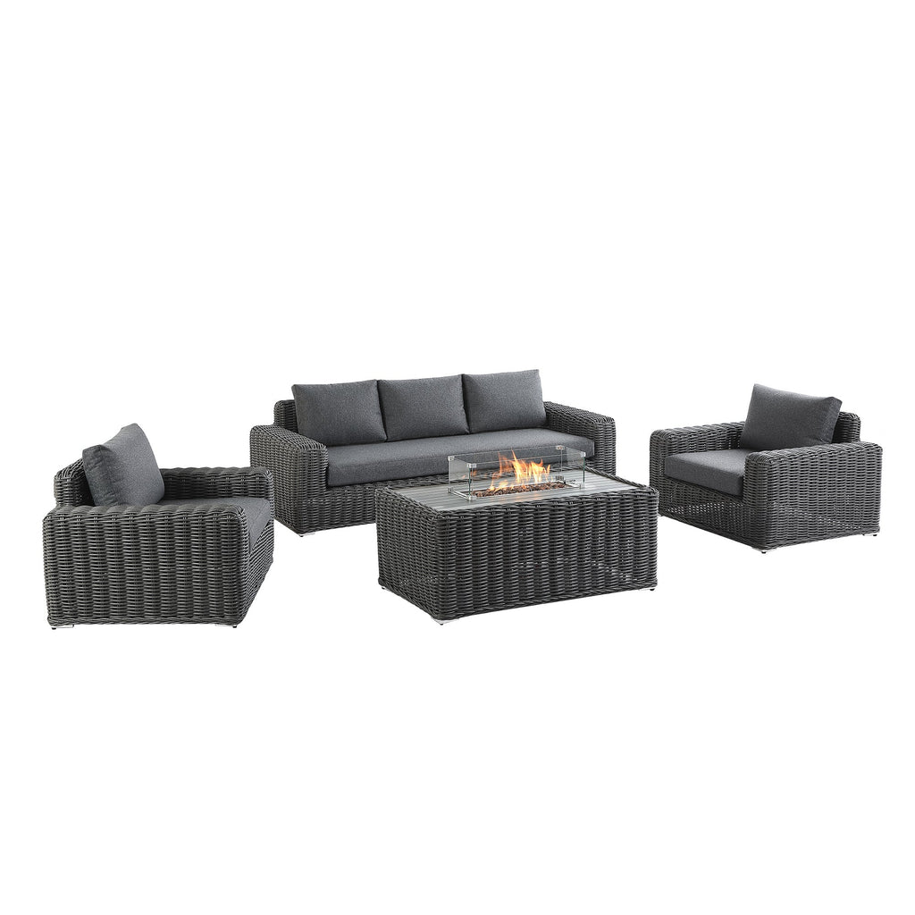 Bellagio Round Wicker Sofa Set with Firepit Coffee Table, Dark Grey