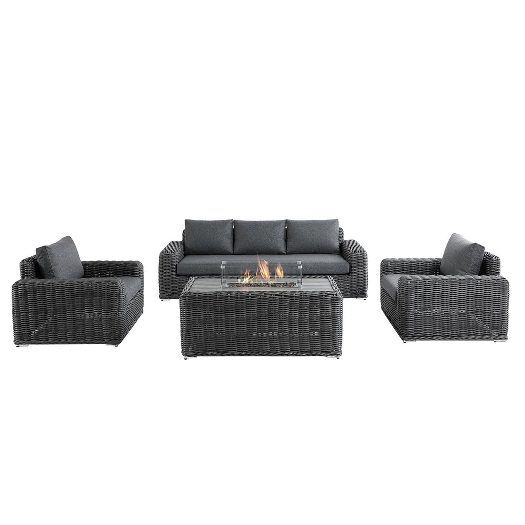 Bellagio Round Wicker Sofa Set with Firepit Coffee Table, Dark Grey