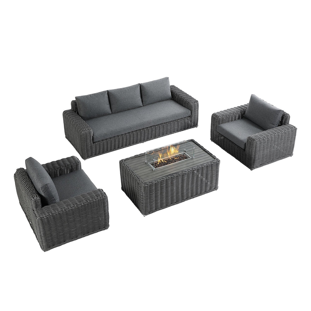 Bellagio Round Wicker Sofa Set with Firepit Coffee Table, Dark Grey