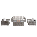 Bellagio Round Wicker Sofa Set with Firepit Coffee Table, Light Grey with Taupe Stripe