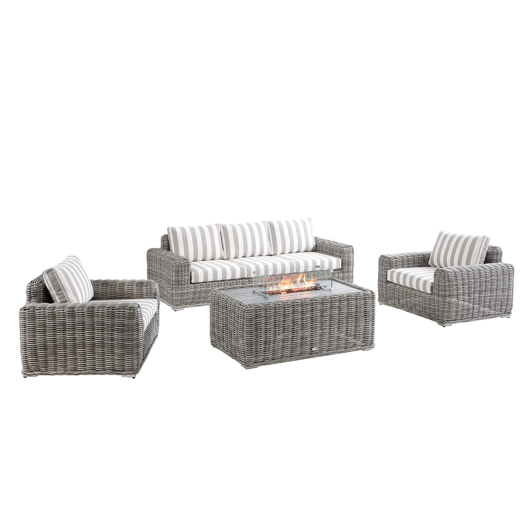 Bellagio Round Wicker Sofa Set with Firepit Coffee Table, Light Grey with Taupe Stripe