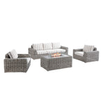 Bellagio Round Wicker Sofa Set with Firepit Coffee Table, Light Grey with Taupe Stripe