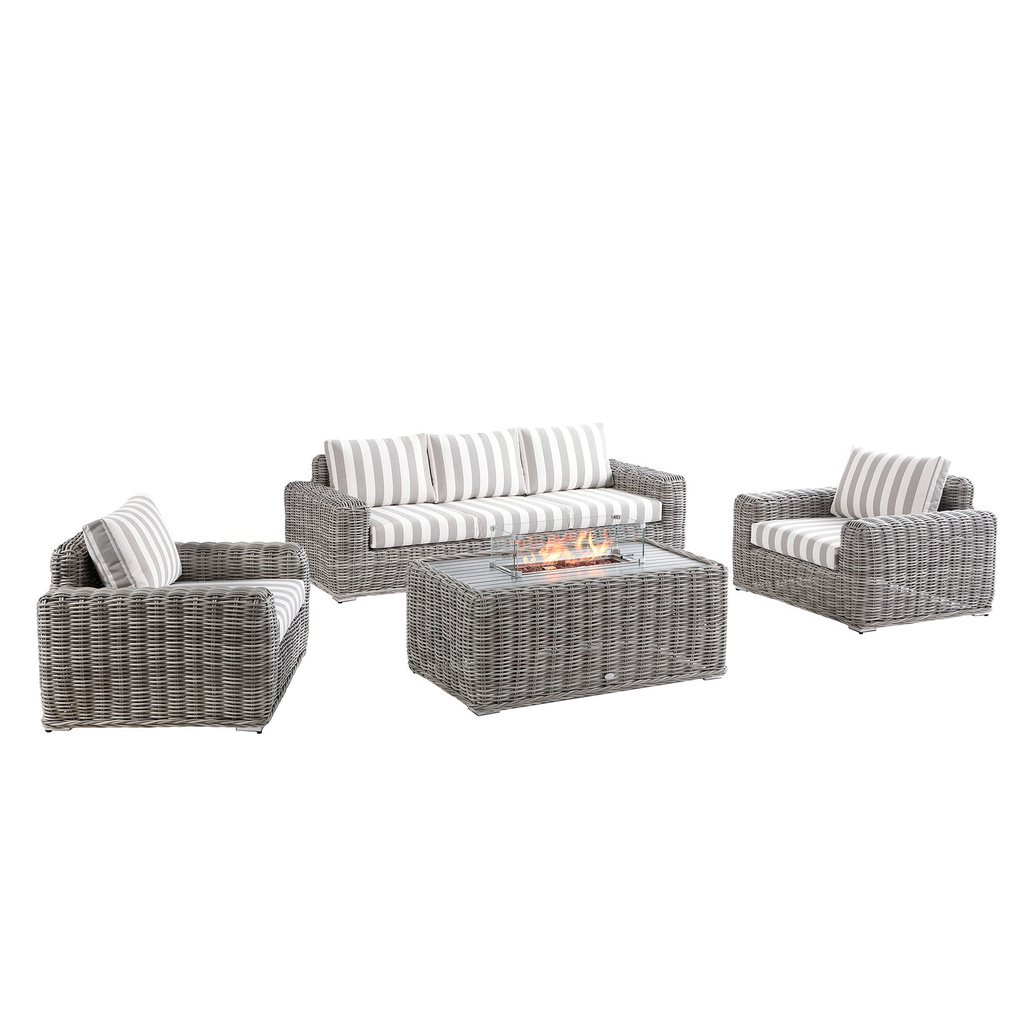 Bellagio Round Wicker Sofa Set with Firepit Coffee Table, Light Grey with Taupe Stripe