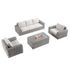 Bellagio Round Wicker Sofa Set with Firepit Coffee Table, Light Grey with Taupe Stripe