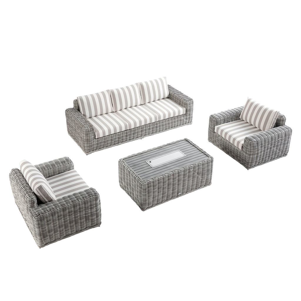 Bellagio Round Wicker Sofa Set with Firepit Coffee Table, Light Grey with Taupe Stripe