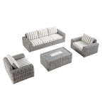 Bellagio Round Wicker Sofa Set with Firepit Coffee Table, Light Grey with Taupe Stripe
