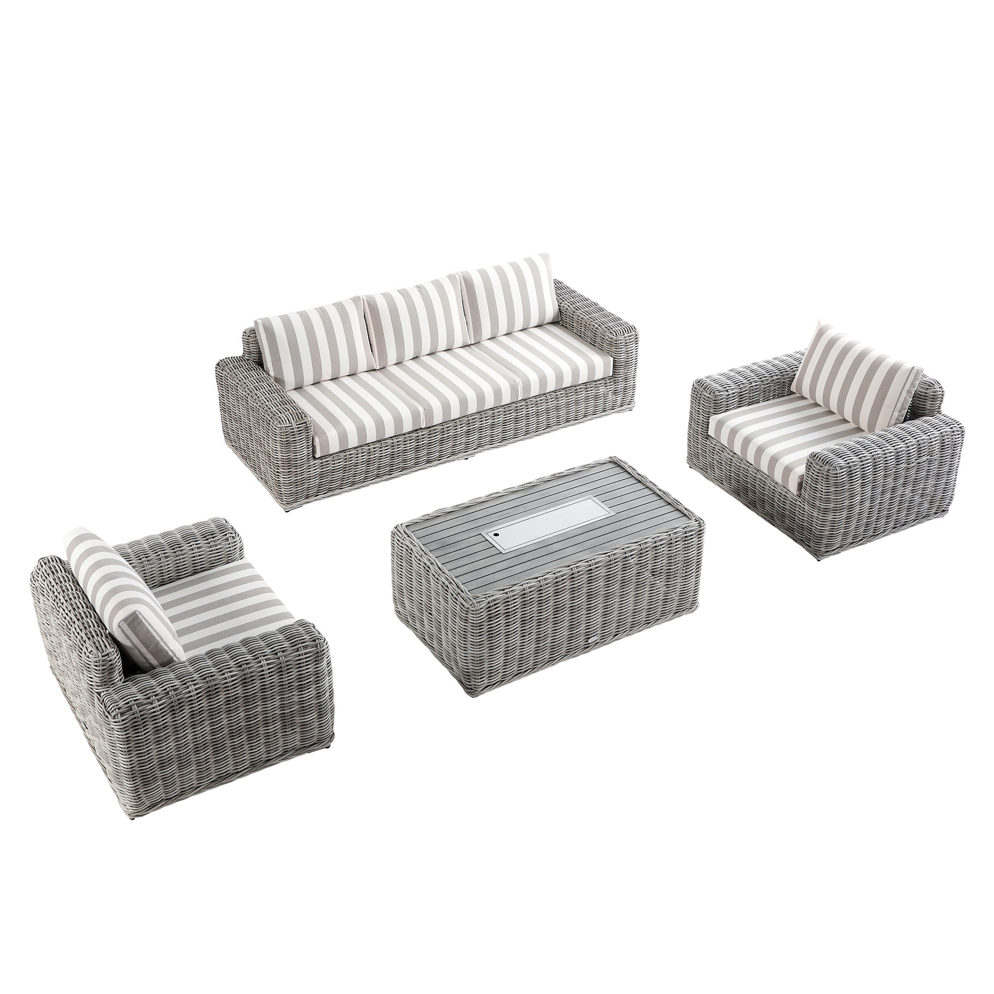 Bellagio Round Wicker Sofa Set with Firepit Coffee Table, Light Grey with Taupe Stripe