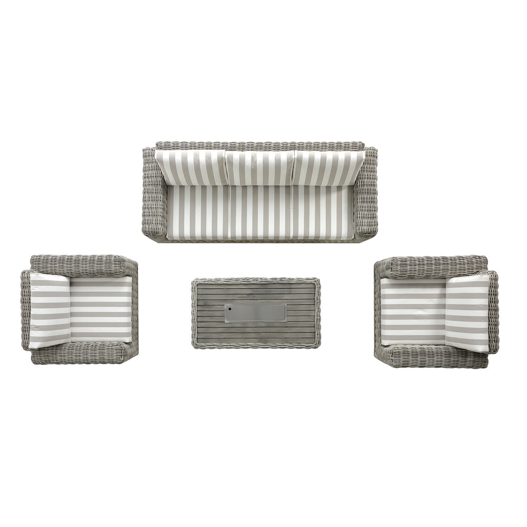 Bellagio Round Wicker Sofa Set with Firepit Coffee Table, Light Grey with Taupe Stripe