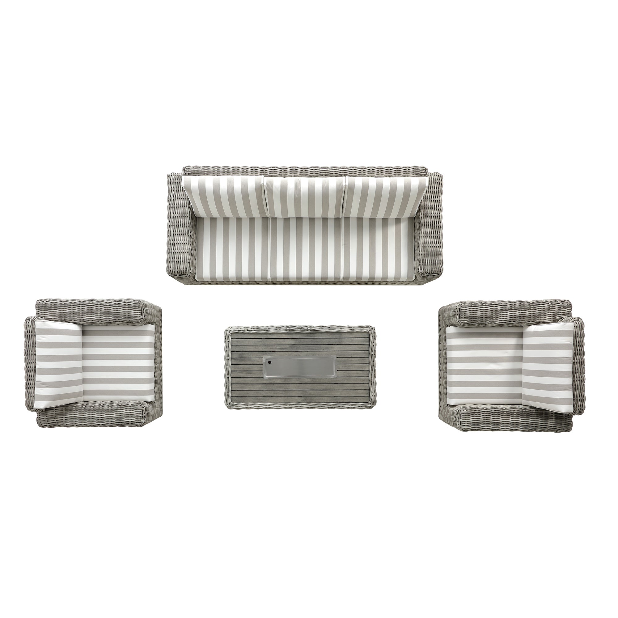 Bellagio Round Wicker Sofa Set with Firepit Coffee Table, Light Grey with Taupe Stripe