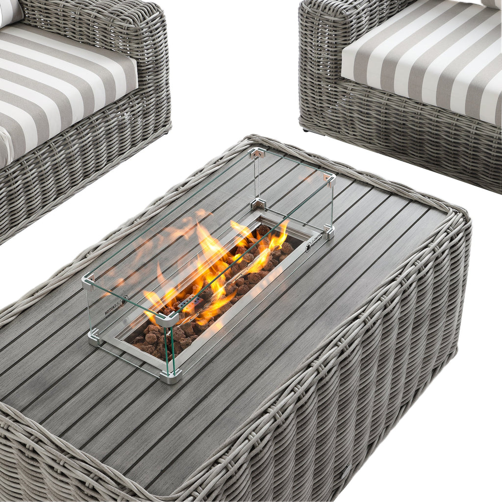 Bellagio Round Wicker Sofa Set with Firepit Coffee Table, Light Grey with Taupe Stripe