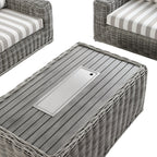 Bellagio Round Wicker Sofa Set with Firepit Coffee Table, Light Grey with Taupe Stripe