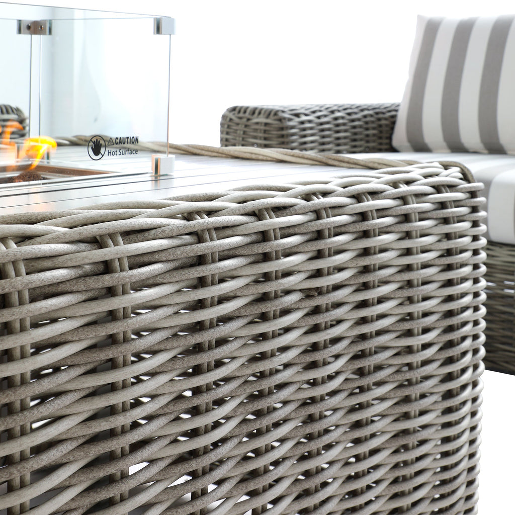 Bellagio Round Wicker Sofa Set with Firepit Coffee Table, Light Grey with Taupe Stripe