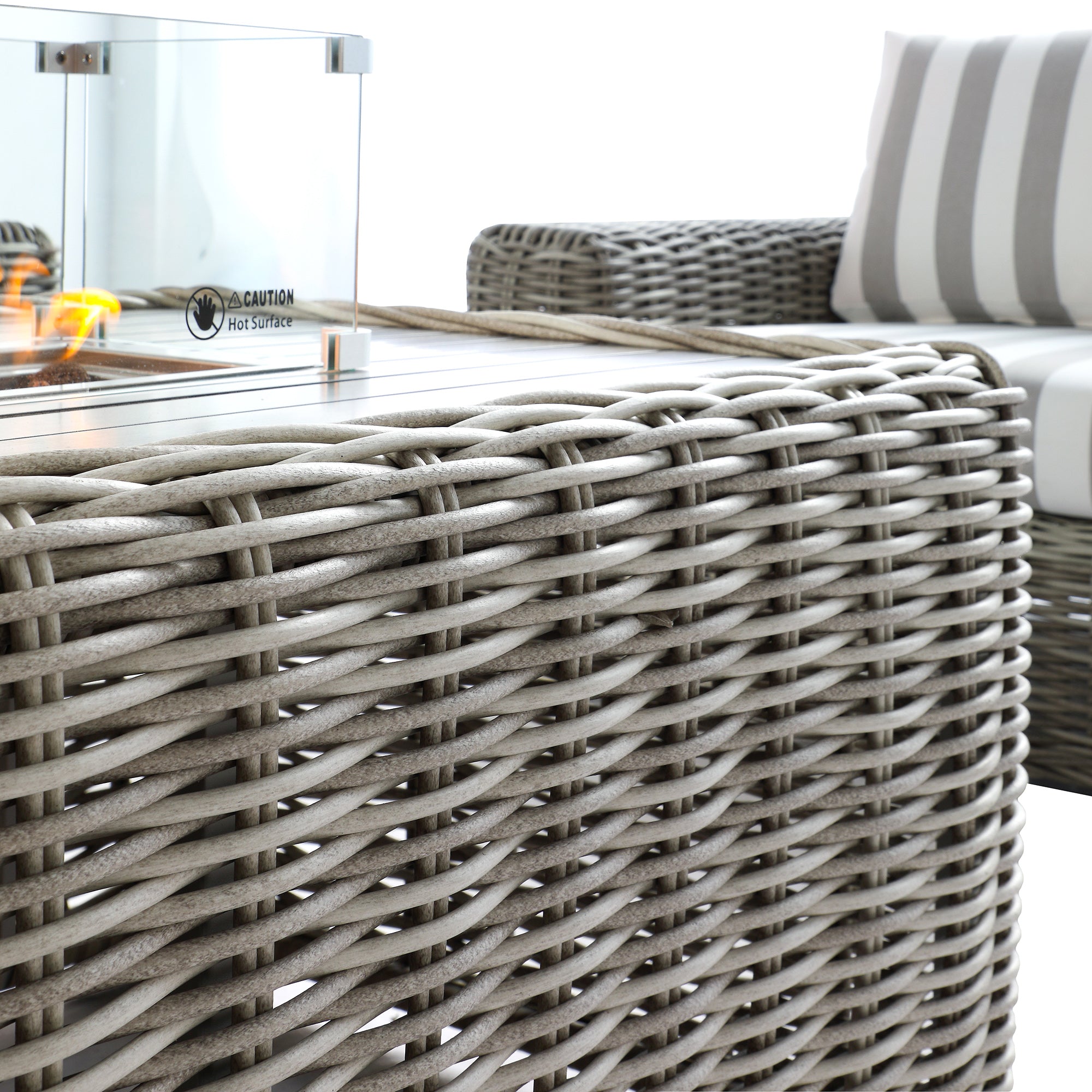 Bellagio Round Wicker Sofa Set with Firepit Coffee Table, Light Grey with Taupe Stripe