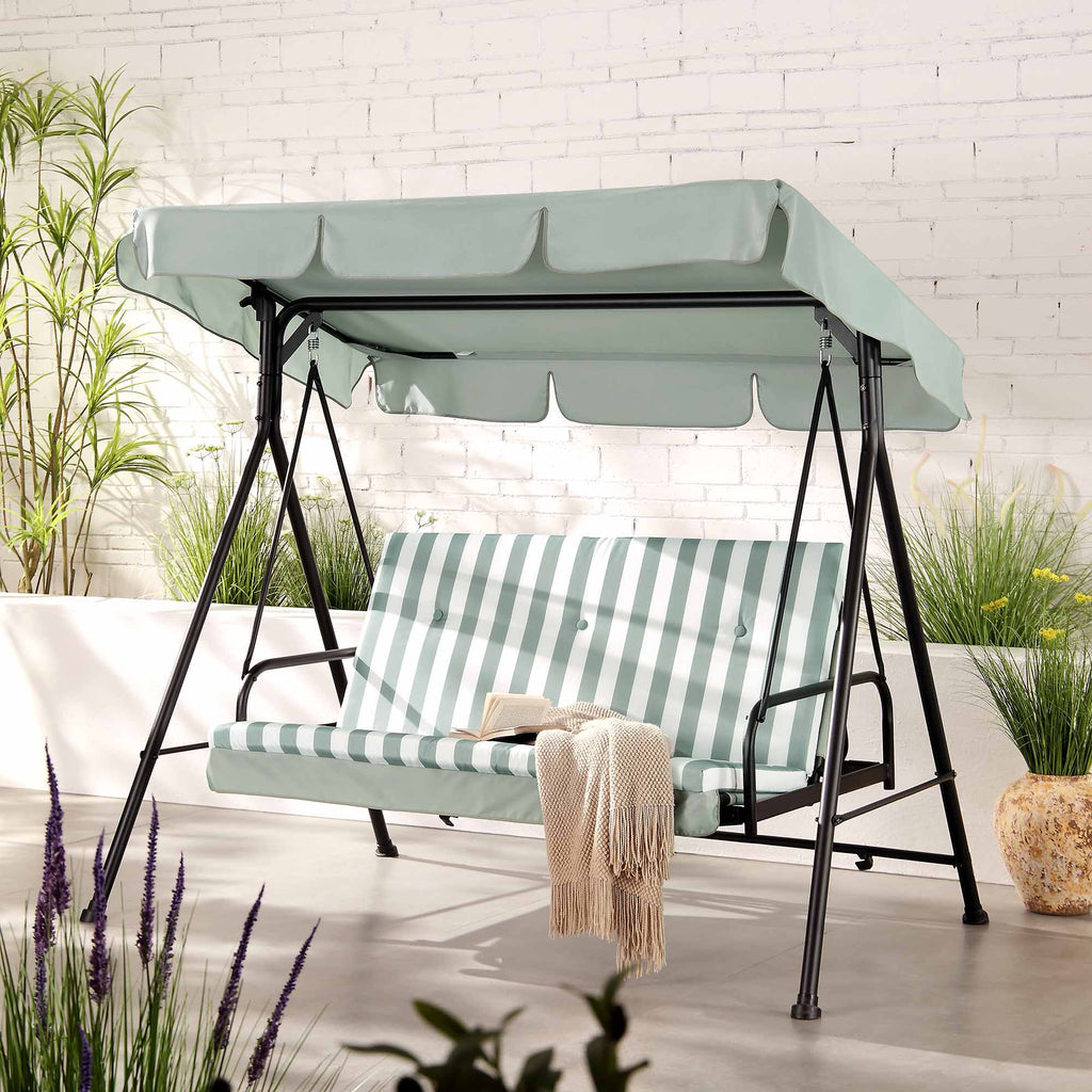 Champneys Outdoor Reclining Swing with Canopy, Sage Green Striped