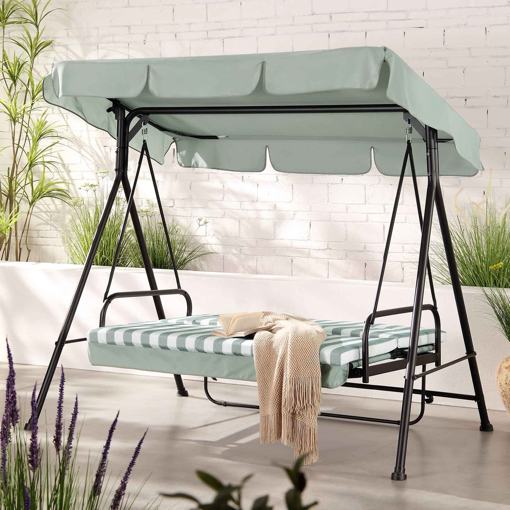 Champneys Outdoor Reclining Swing with Canopy, Sage Green Striped