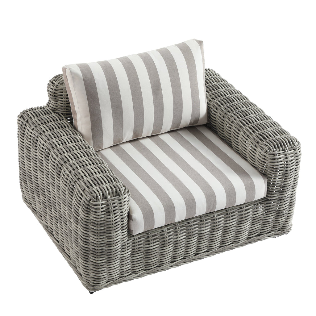 Bellagio Round Wicker Outdoor 1-Seater Sofa, Light Grey with Taupe Stripes