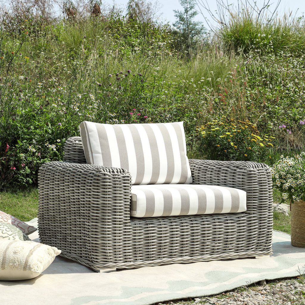 Bellagio Round Wicker Outdoor 1-Seater Sofa, Light Grey with Taupe Stripes