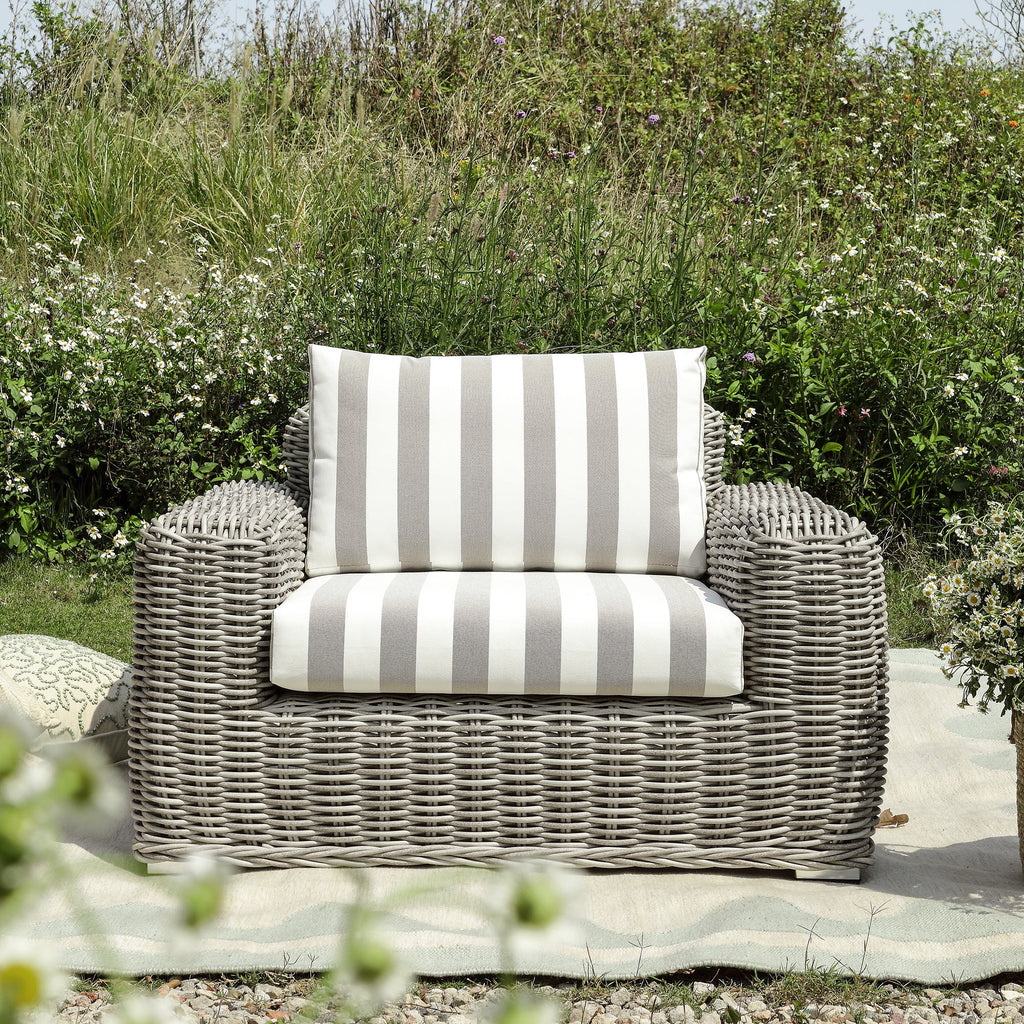 Bellagio Round Wicker Outdoor 1-Seater Sofa, Light Grey with Taupe Stripes