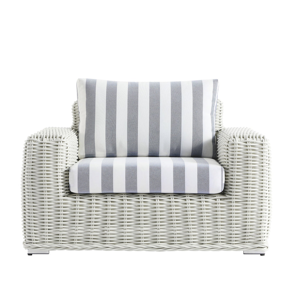 Bellagio Round Wicker Outdoor 1-Seater Sofa, White with Blue Stripes