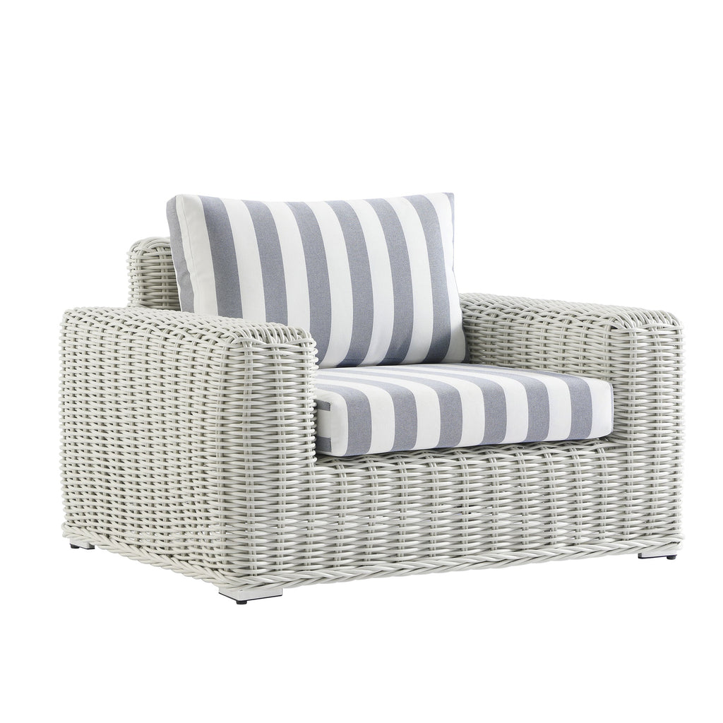 Bellagio Round Wicker Outdoor 1-Seater Sofa, White with Blue Stripes
