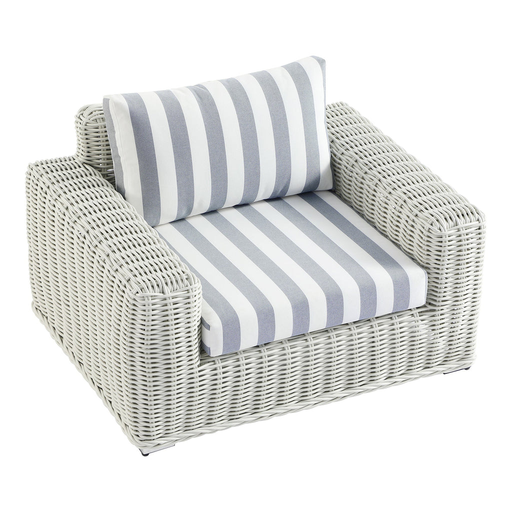 Bellagio Round Wicker Outdoor 1-Seater Sofa, White with Blue Stripes