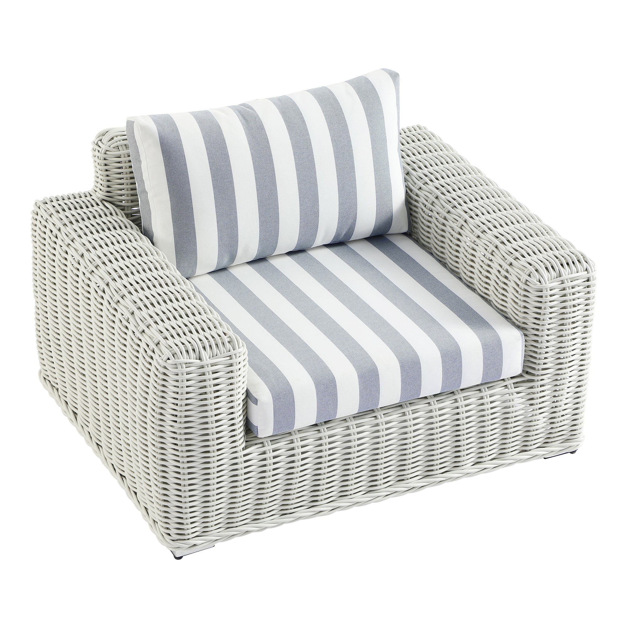 Bellagio Round Wicker Outdoor 1-Seater Sofa, White with Blue Stripes
