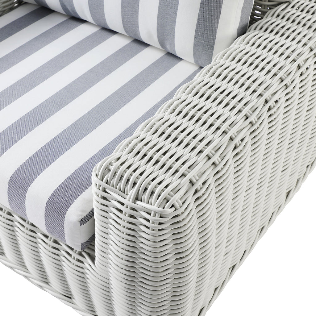Bellagio Round Wicker Outdoor 1-Seater Sofa, White with Blue Stripes