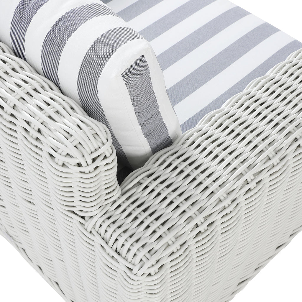 Bellagio Round Wicker Outdoor 1-Seater Sofa, White with Blue Stripes