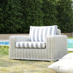 Bellagio Round Wicker Outdoor 1-Seater Sofa, White with Blue Stripes