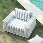 Bellagio Round Wicker Outdoor 1-Seater Sofa, White with Blue Stripes