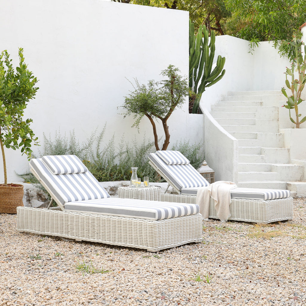 Bellagio Round Wicker Sun Lounger with Headrest, White with Blue Stripes