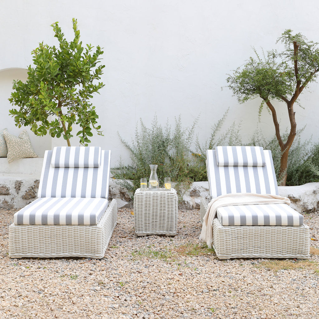 Bellagio Round Wicker Sun Lounger with Headrest, White with Blue Stripes