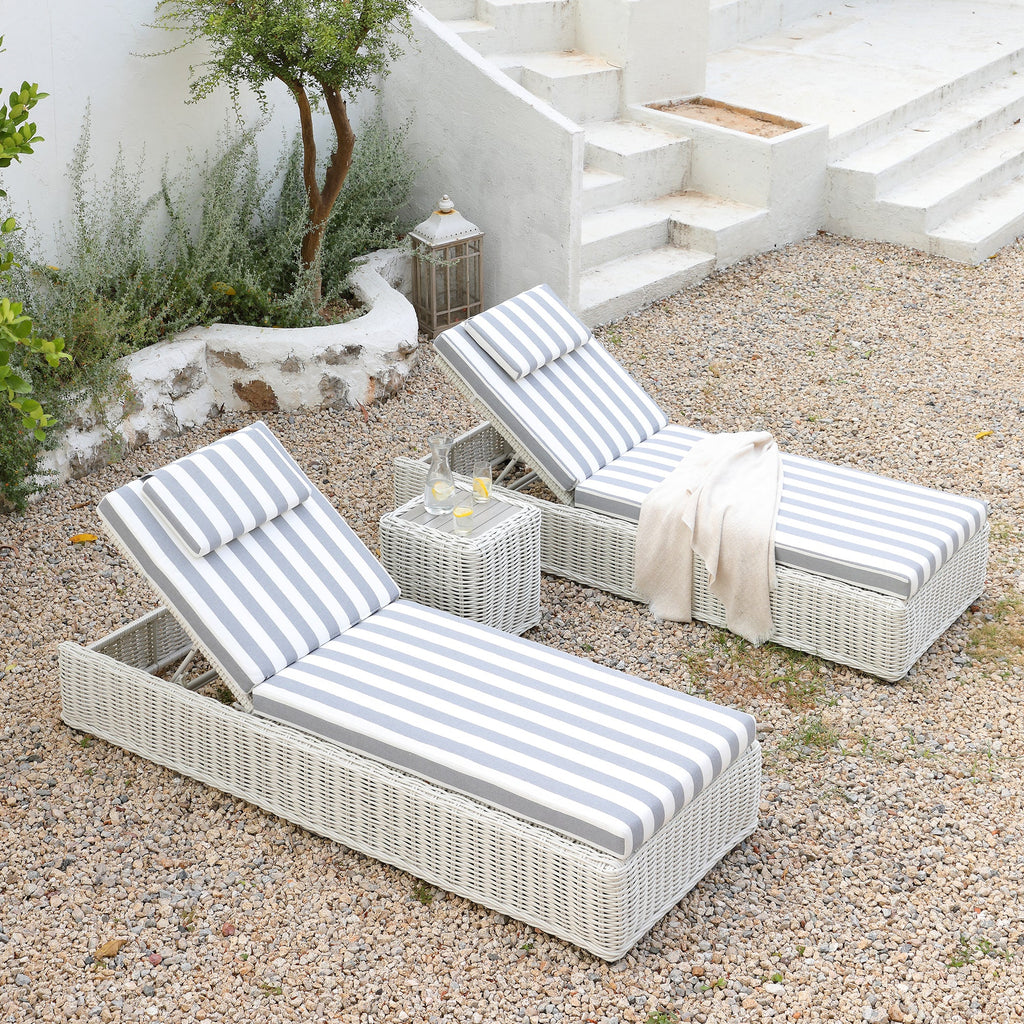 Bellagio Round Wicker Sun Lounger with Headrest, White with Blue Stripes